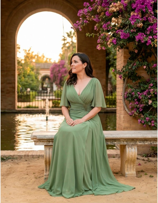 Sage Green Chiffon Dress with Flutter Sleeves and Embellished Waist Sage Green Chiffon Dress with Flutter Sleeves and Embellished Waist — Mothers Day Church Outfits 2027