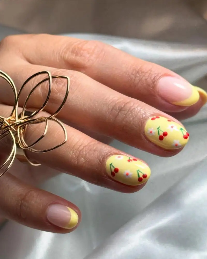 Pale Yellow French Tip with Cherries Pale Yellow French Tip with Cherries — Yellow Summer Nails 2027