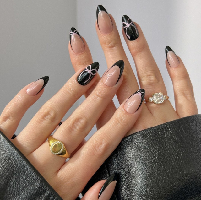Black Tip Pink Bow Long Almonds — French Tip Nails 2027