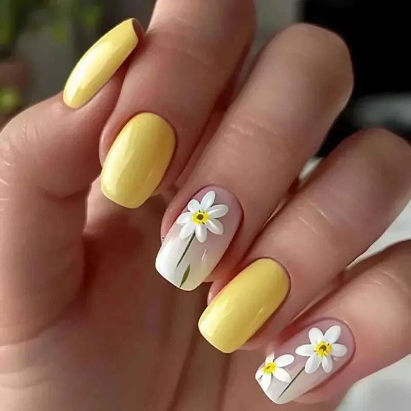Bright Yellow Daisy Accent Nails Bright Yellow Daisy Accent Nails — Floral Acrylic Nails 2027