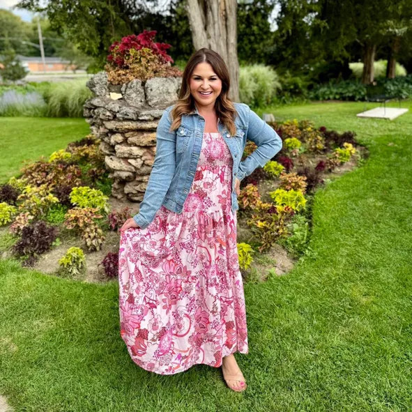 Paisley Maxi Dress with Denim Jacket — Casual Teacher Outfits 2027