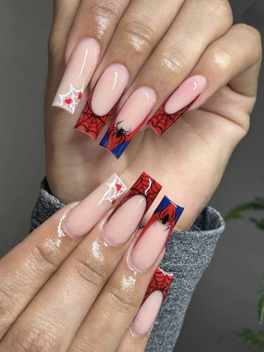 Nude Coffin French Spider Web Heart Birthday Nails — Birthday Nails Coffin 2027
