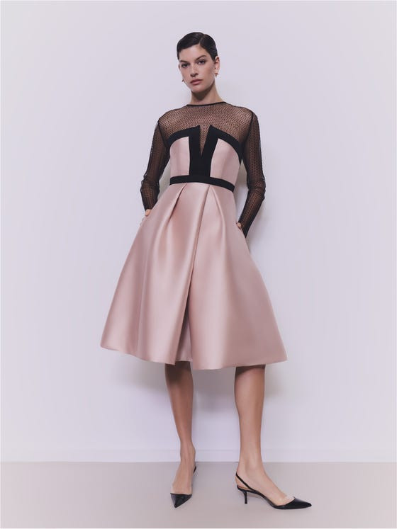 Light Pink Gown with Feather Trim Sleeves and Mermaid Skirt — Cocktail Party Outfits 2027