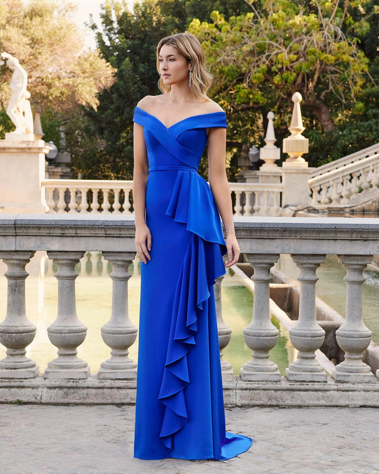 Royal Blue Off-the-Shoulder Gown with Ruffled Overlay Royal Blue Off-the-Shoulder Gown with Ruffled Overlay — Party Outfits 2027