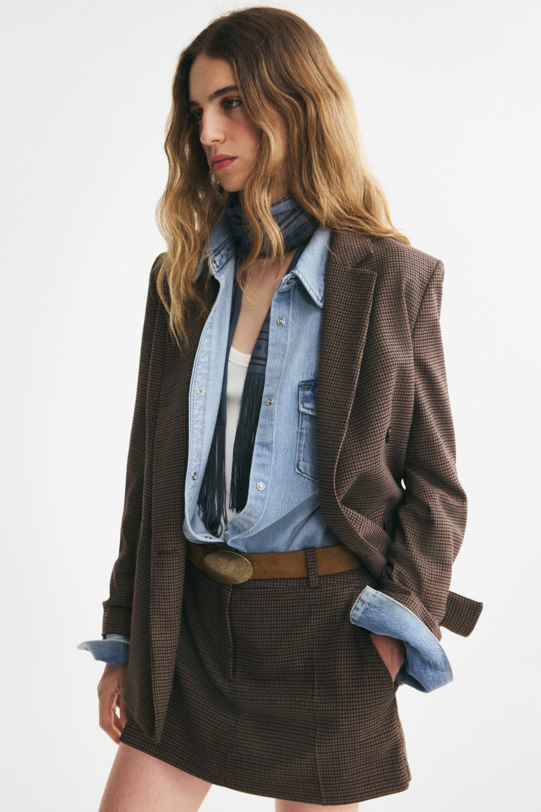 Denim Shirt Under a Plaid Blazer for Layered Style Denim Shirt Under a Plaid Blazer for Layered Style — Casual Thanksgiving Outfits 2026