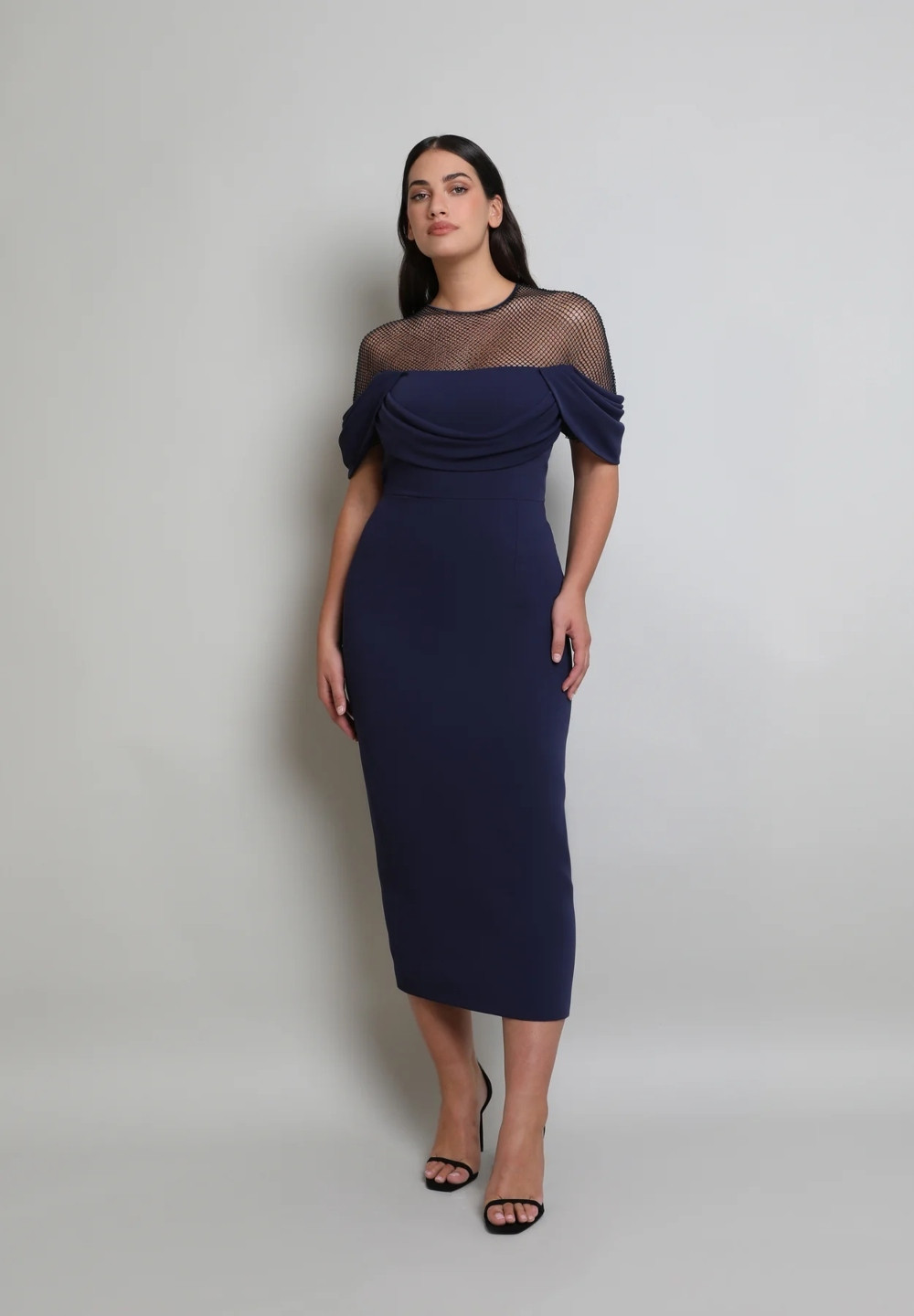Navy Midi Dress with Sheer Mesh Neckline Detail Navy Midi Dress with Sheer Mesh Neckline Detail — Wedding Guest Outfits Cocktail 2027