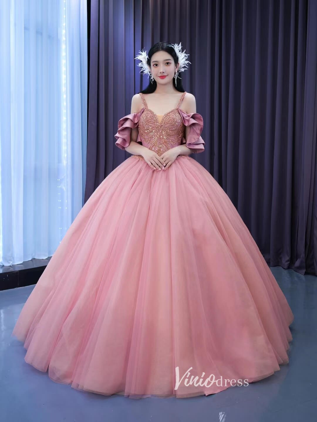 Sweet Pink Ballgown with Ruffled Cold-Shoulder Sleeves Sweet Pink Ballgown with Ruffled Cold-Shoulder Sleeves — Sweet 16 Dresses 2027
