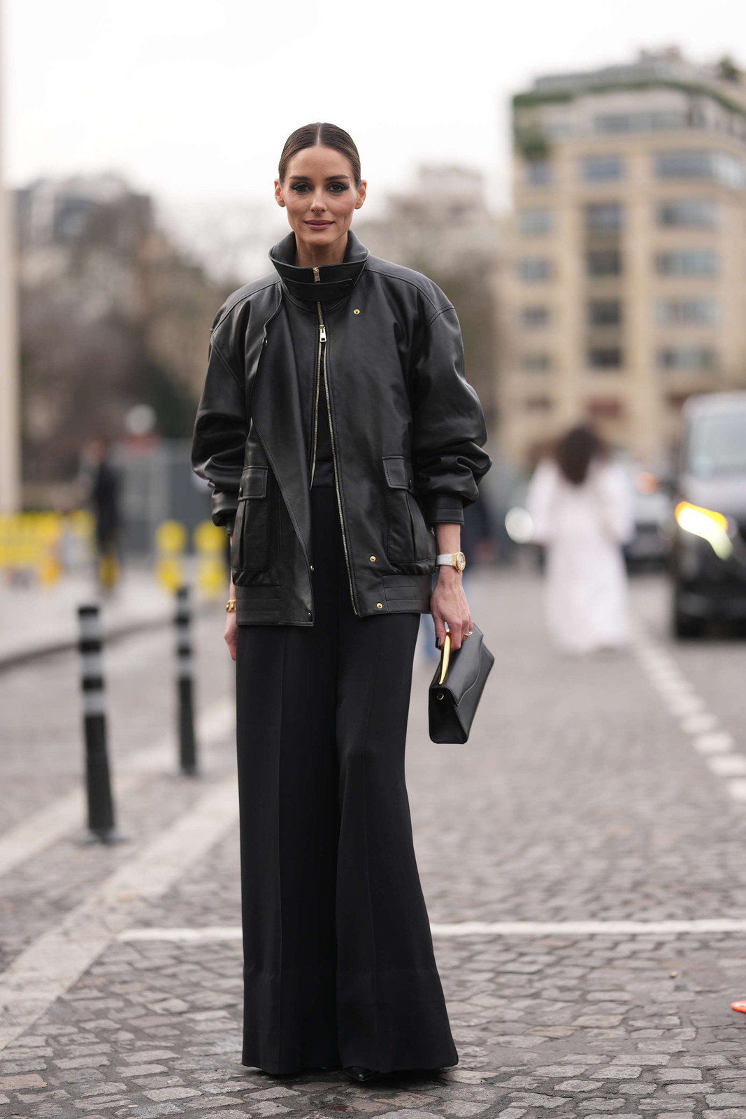 Monochrome Black: Leather Bomber and Wide-Leg Trousers Monochrome Black: Leather Bomber and Wide-Leg Trousers — Spring Europe Outfits 2027