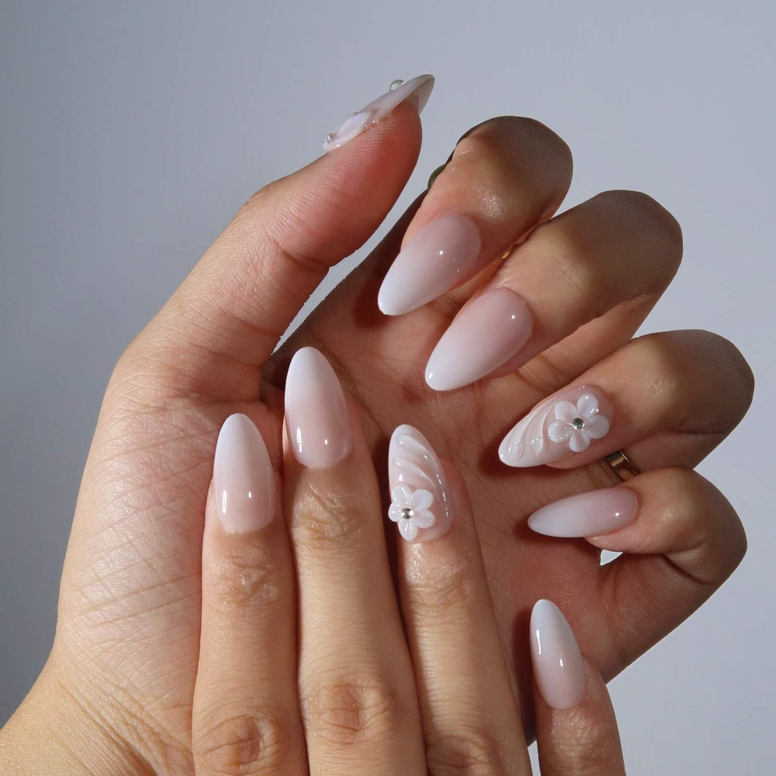 Nude Base with Gold Leaf & Cat-Eye — Prom Almond Nails 2027