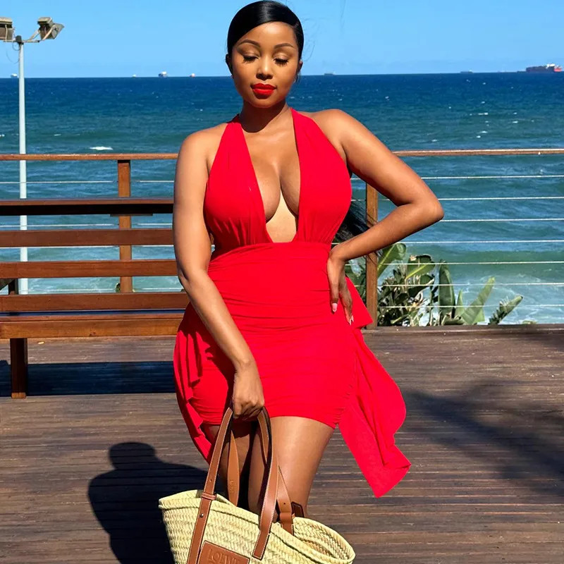 Red Ruched Mini Dress with Bow Detail Red Ruched Mini Dress with Bow Detail — Beach Dresses 2027