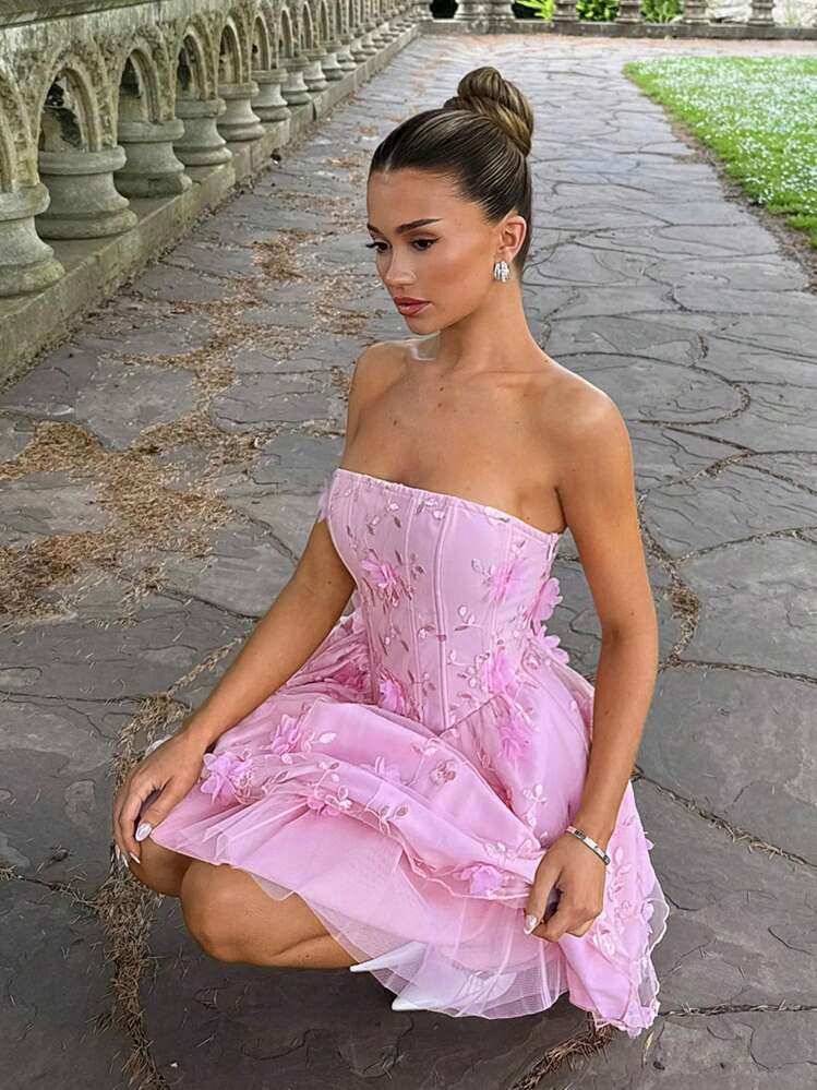 Pink Strapless Tiered Mini Dress with 3D Floral Appliqués Pink Strapless Tiered Mini Dress with 3D Floral Appliqués — Tiered Dresses 2027