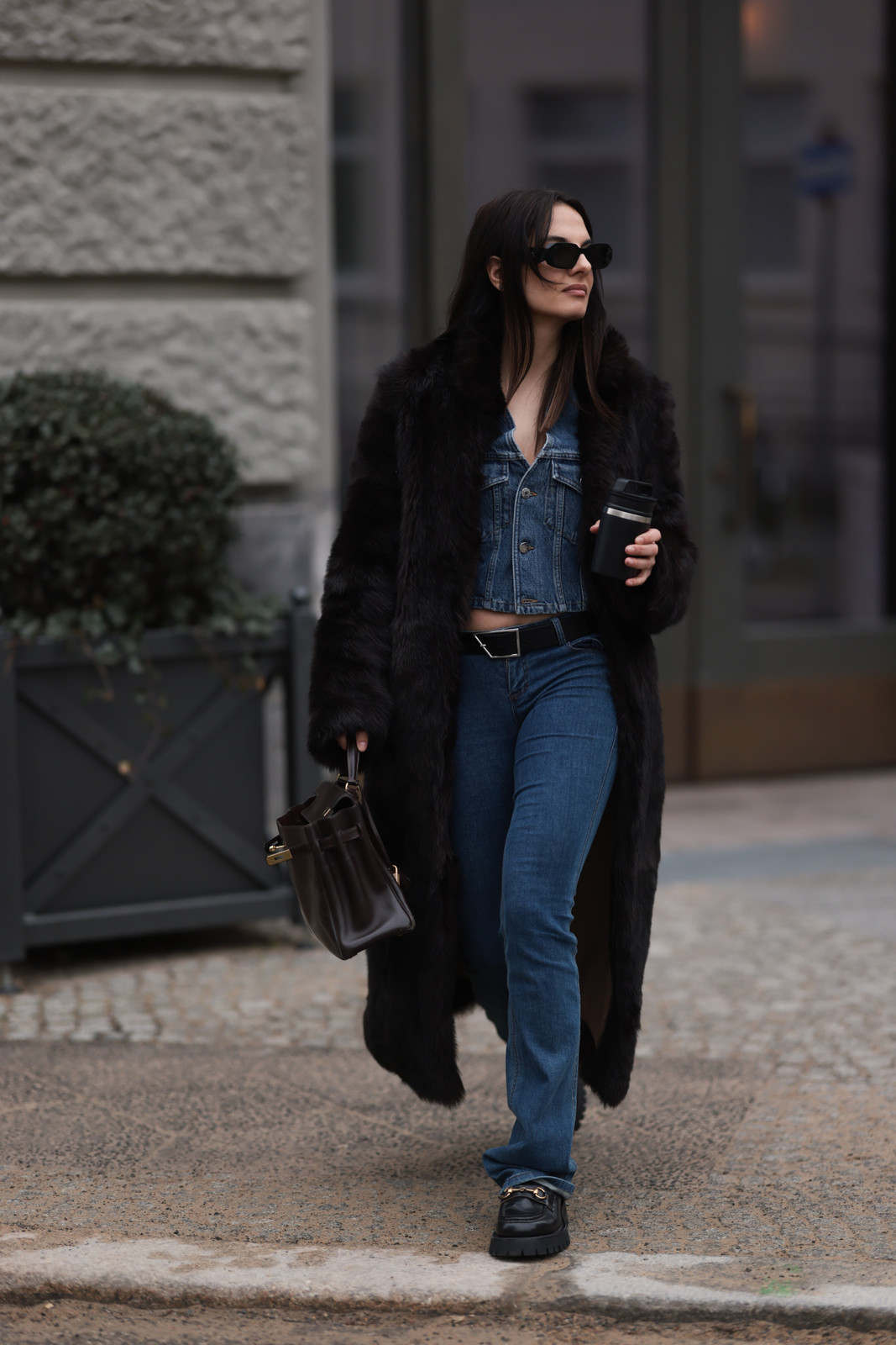 Long Black Faux Fur Coat with Denim Crop Top Long Black Faux Fur Coat with Denim Crop Top — Faux Fur Outfits 2027
