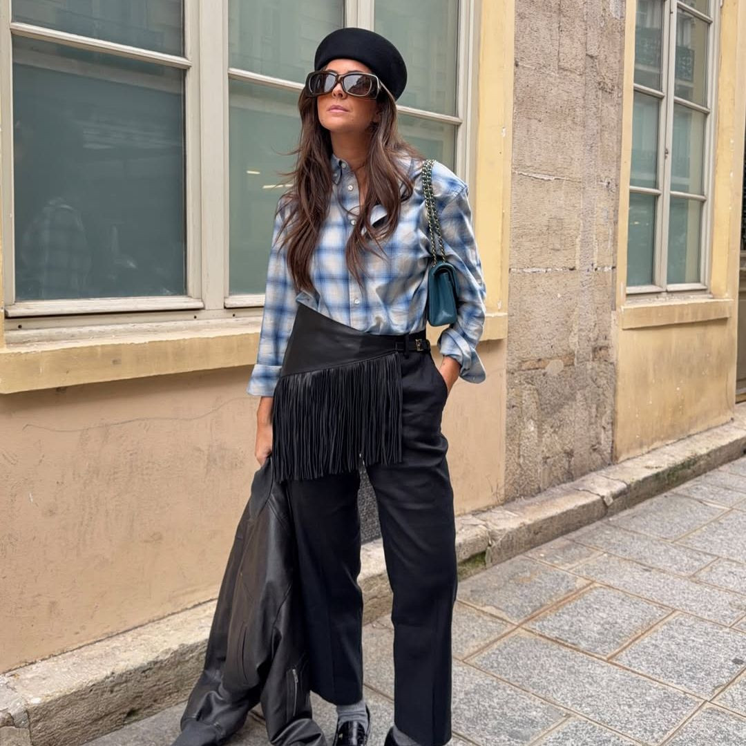 Plaid Shirt and Trousers with Fringe Skirt Overlay Plaid Shirt and Trousers with Fringe Skirt Overlay — Belt Outfits 2027
