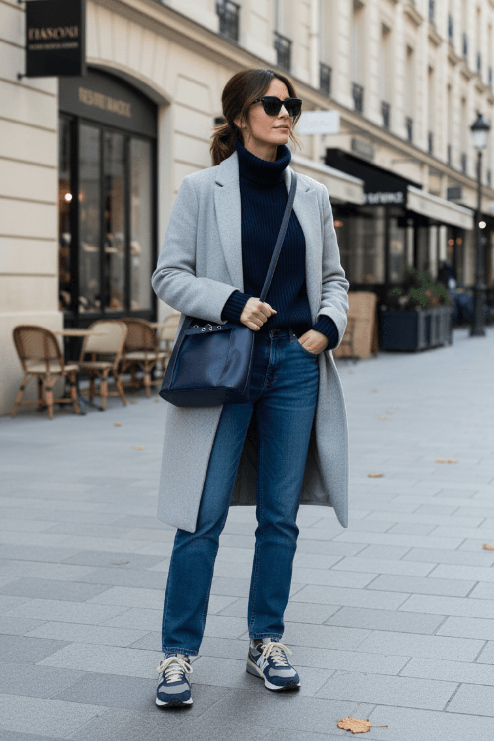 Oversized Grey Coat Over Navy Turtleneck and Jeans Oversized Grey Coat Over Navy Turtleneck and Jeans — Winter Navy Outfits 2027