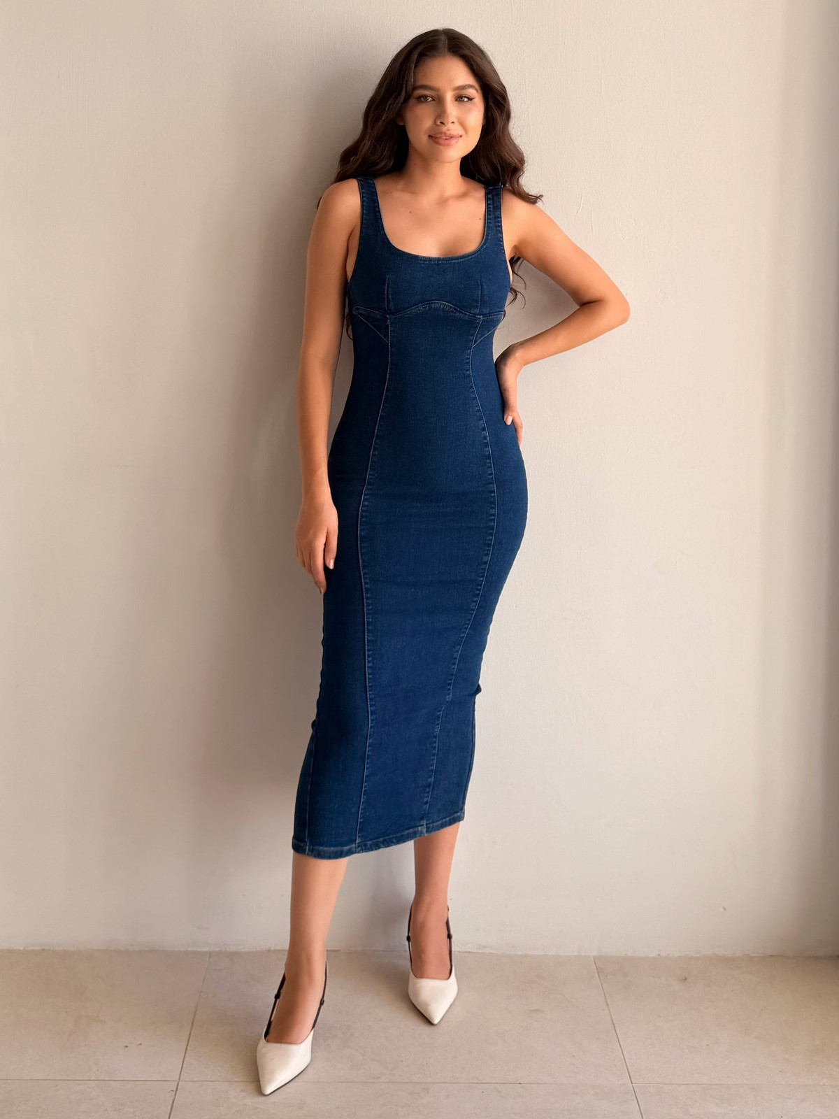 Bodycon Denim Midi with Square Neckline and White Heels Bodycon Denim Midi with Square Neckline and White Heels — Denim Dresses 2027