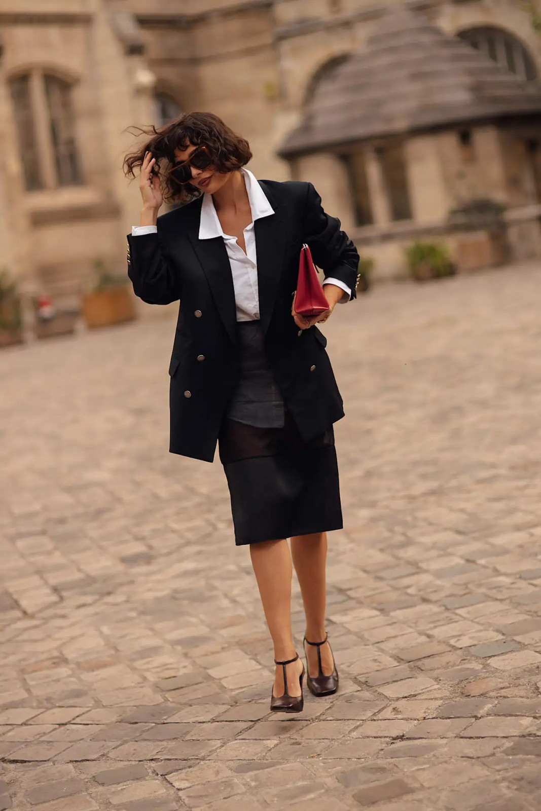 Sheer Pencil Skirt Paired with an Oversized Black Blazer — French Girl Outfits 2027