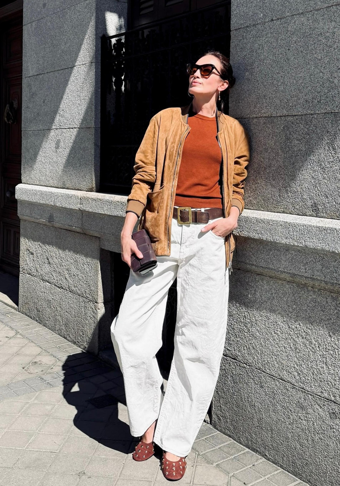 White Wide-Leg Trousers with Suede Bomber Jacket White Wide-Leg Trousers with Suede Bomber Jacket — Wide Leg Pants Outfits 2027