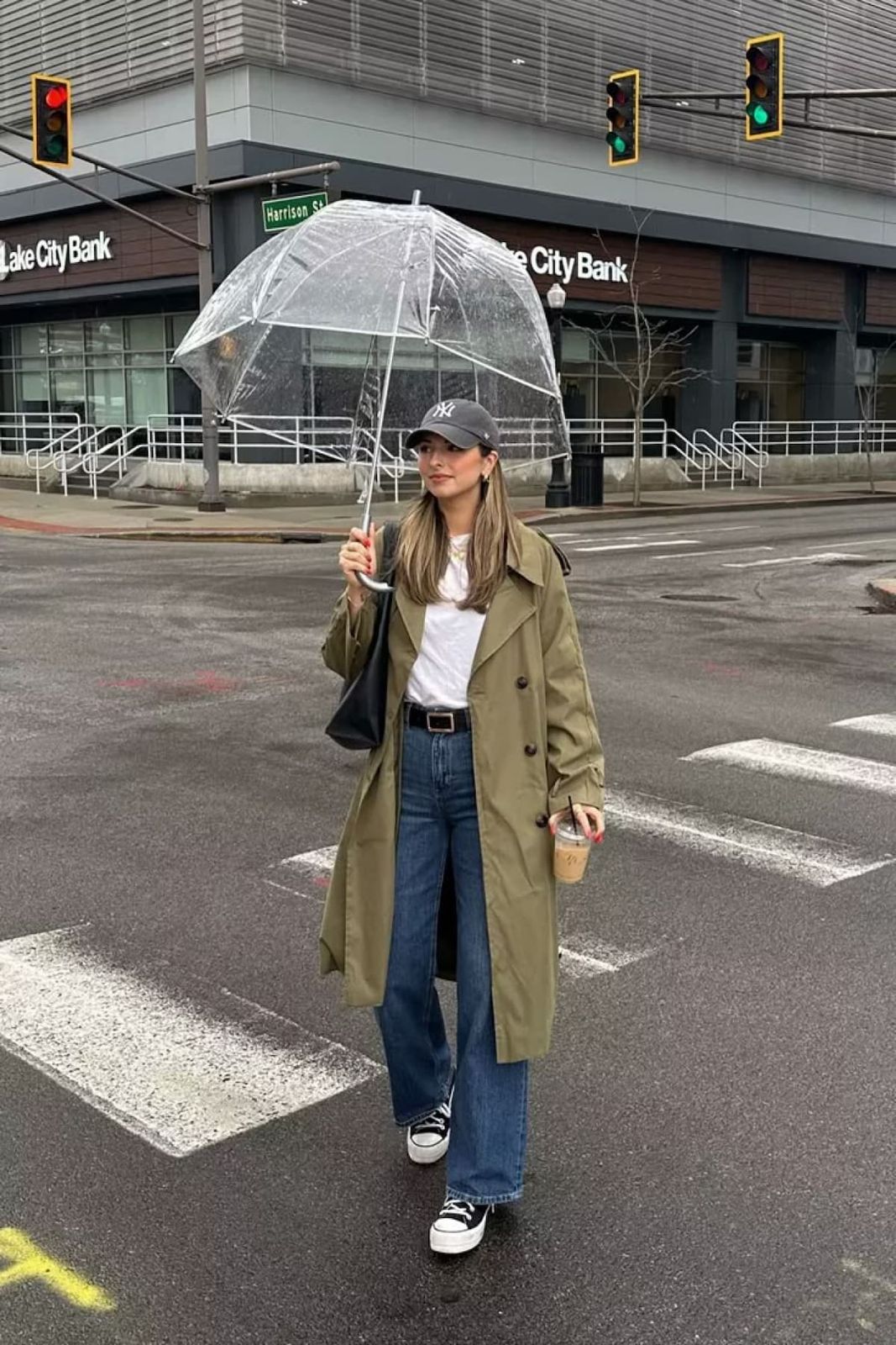 Trench Coat Comfort: Olive Green Meets Denim Trench Coat Comfort: Olive Green Meets Denim — Rainy Day Outfits 2027