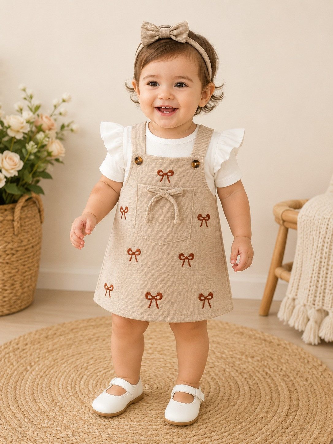 Corduroy Overall Dress with Bow Prints Corduroy Overall Dress with Bow Prints — Baby Outfits 2027