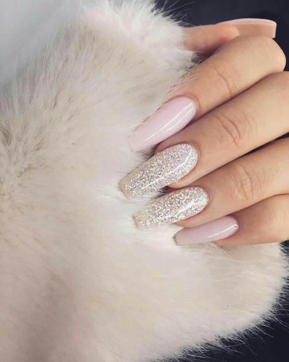 Pale Pink Coffin with Iridescent Glitter Accents Pale Pink Coffin with Iridescent Glitter Accents — Glitter Wedding Nails 2027