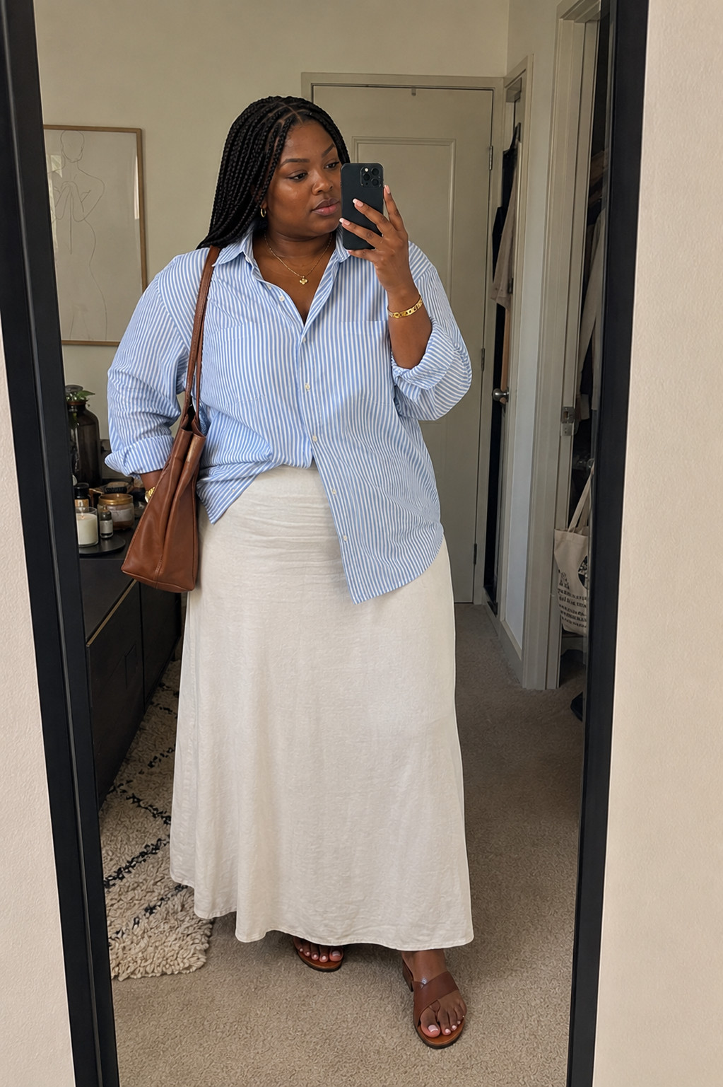 Striped Button-Down Over Maxi Skirt Striped Button-Down Over Maxi Skirt — Oversized Sweater Outfits 2027