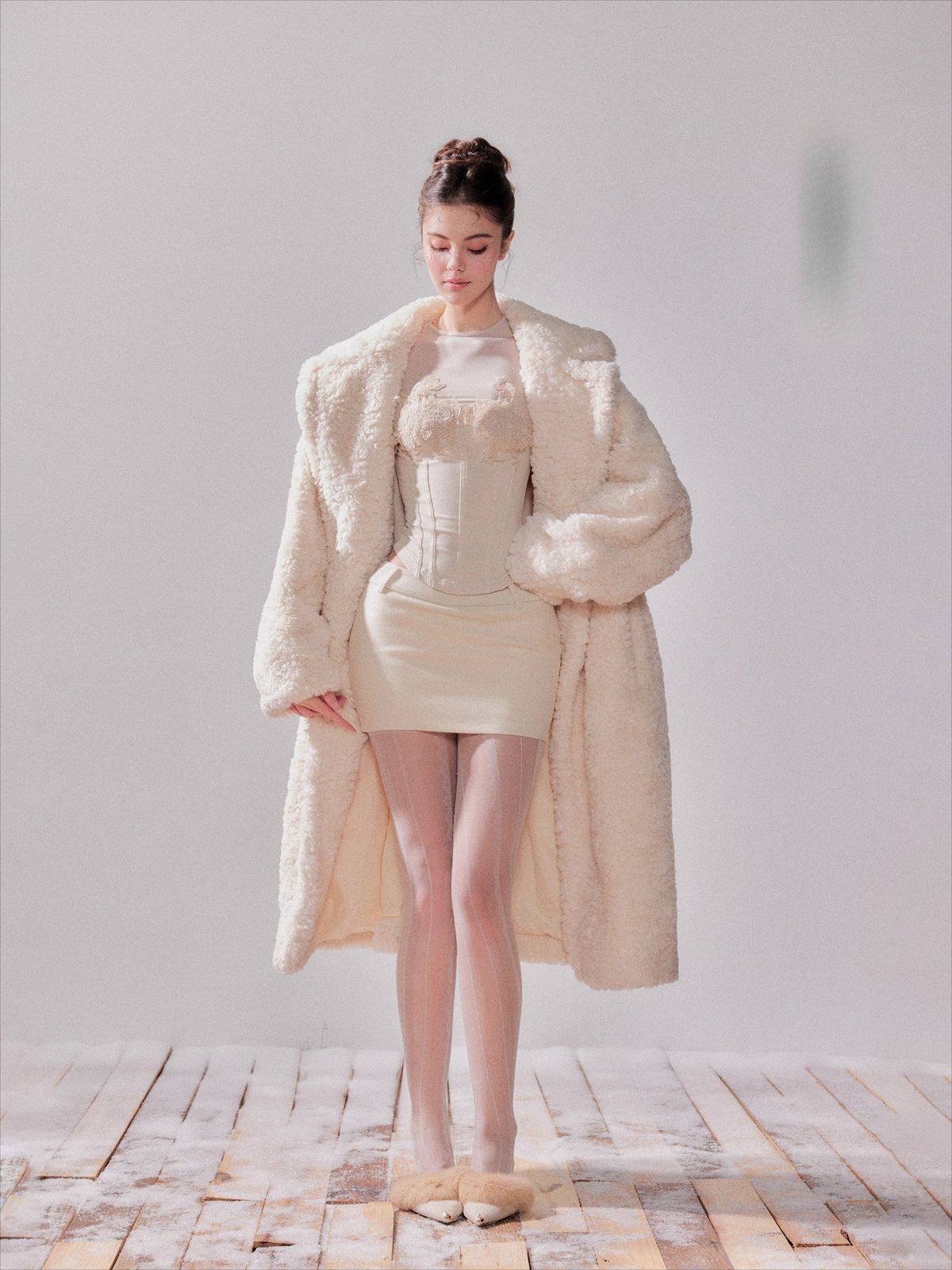 Oversized Cream Teddy Coat with Corset Top and Mini Dress — Teddy Coat Outfits 2027