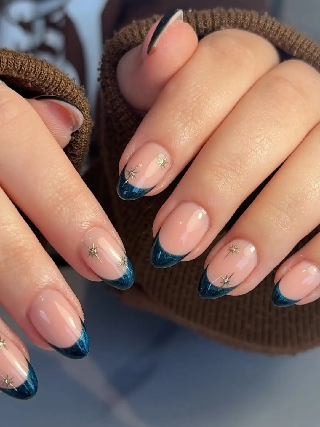 Deep Teal Star Accent French Oval Deep Teal Star Accent French Oval — Winter French Tip Nails 2027