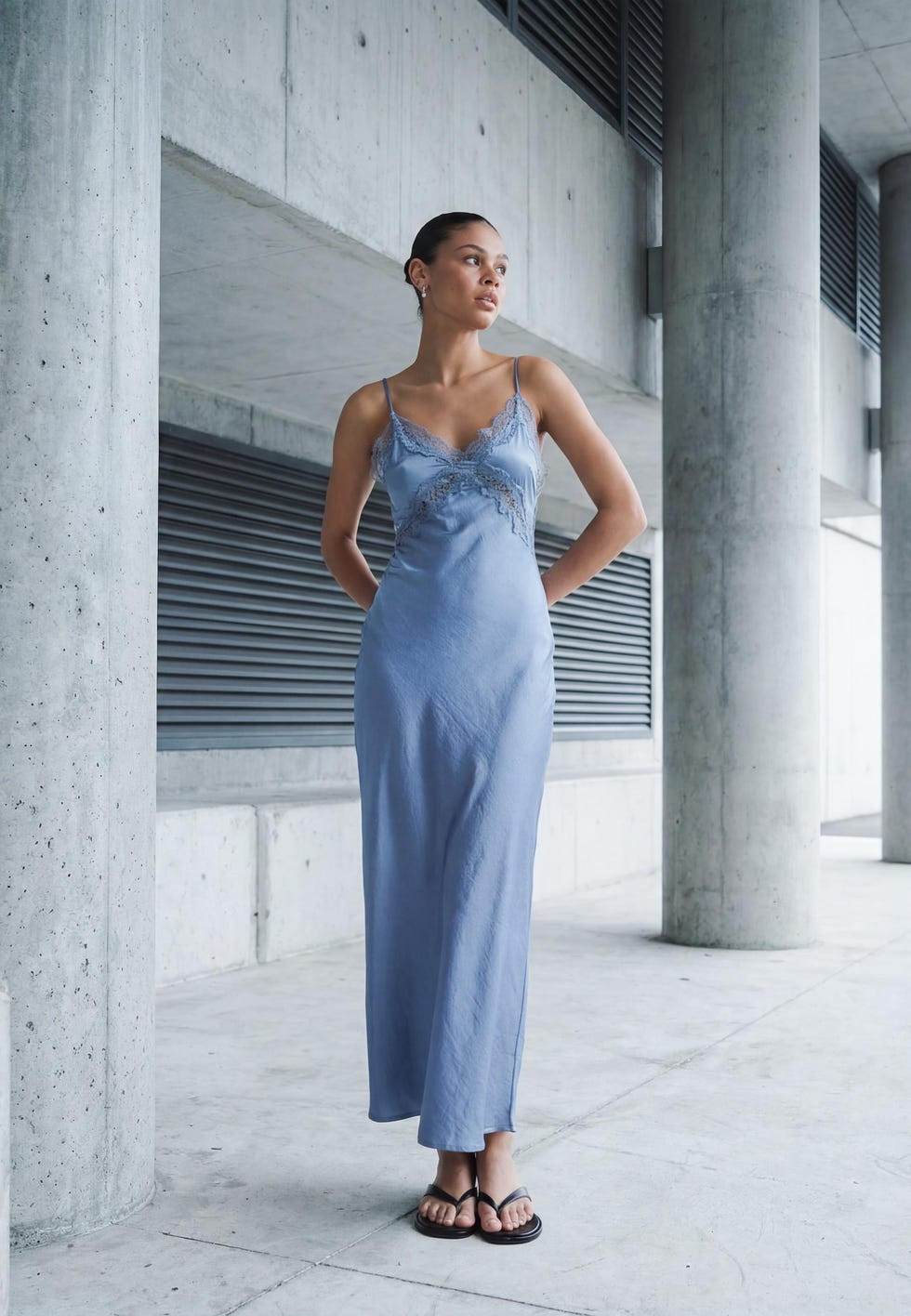 Light Blue Maxi Slip Dress with Lace Detail and Flip-Flops Light Blue Maxi Slip Dress with Lace Detail and Flip-Flops — Slip Dresses 2027