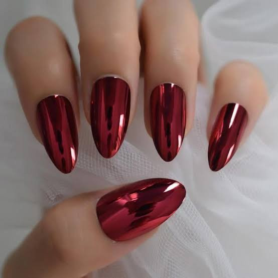 Deep Metallic Red Chrome Almonds — Reflecting Light With A High Shine Deep Metallic Red Chrome Almonds — Reflecting Light With A High Shine — Red Chrome Nails 2027