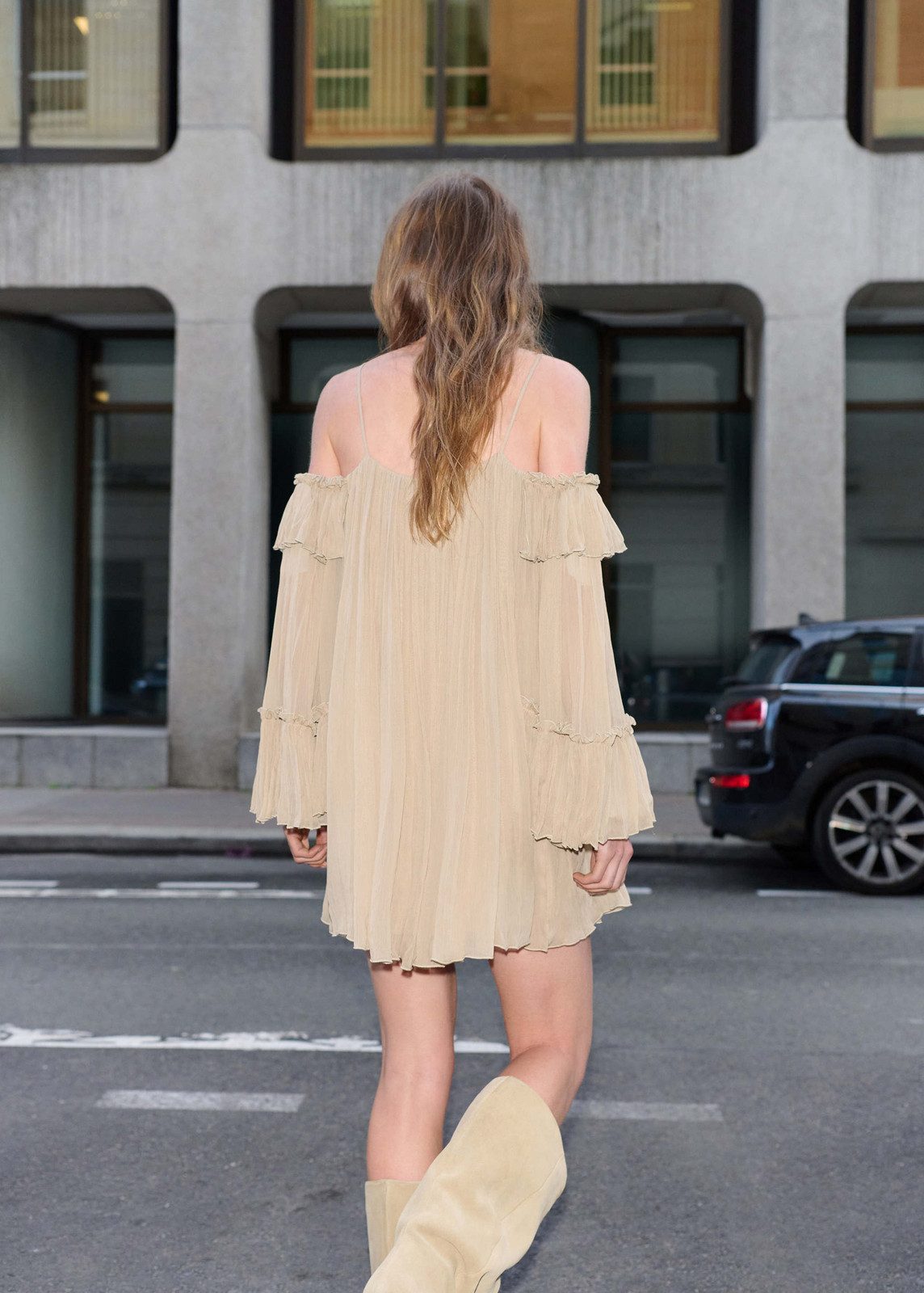 Beige Off-Shoulder Pleated Mini Dress with Ruffled Sleeves Beige Off-Shoulder Pleated Mini Dress with Ruffled Sleeves — Pleated Dress 2027