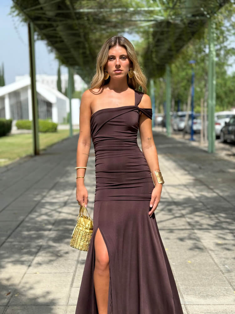 Deep Brown One-Shoulder Ruched Dress with High Slit Deep Brown One-Shoulder Ruched Dress with High Slit — Graduation Outfits 2027