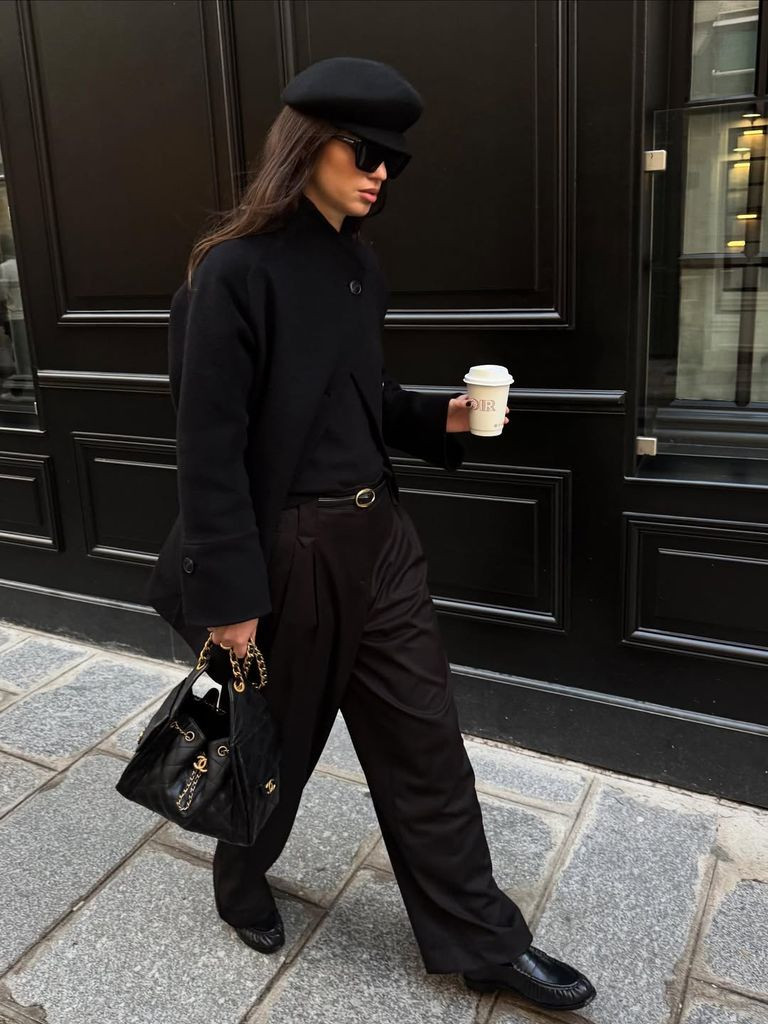 Structured Black Jacket with Wide-Leg Trousers and Beret Structured Black Jacket with Wide-Leg Trousers and Beret — Winter Neutral Outfits 2027