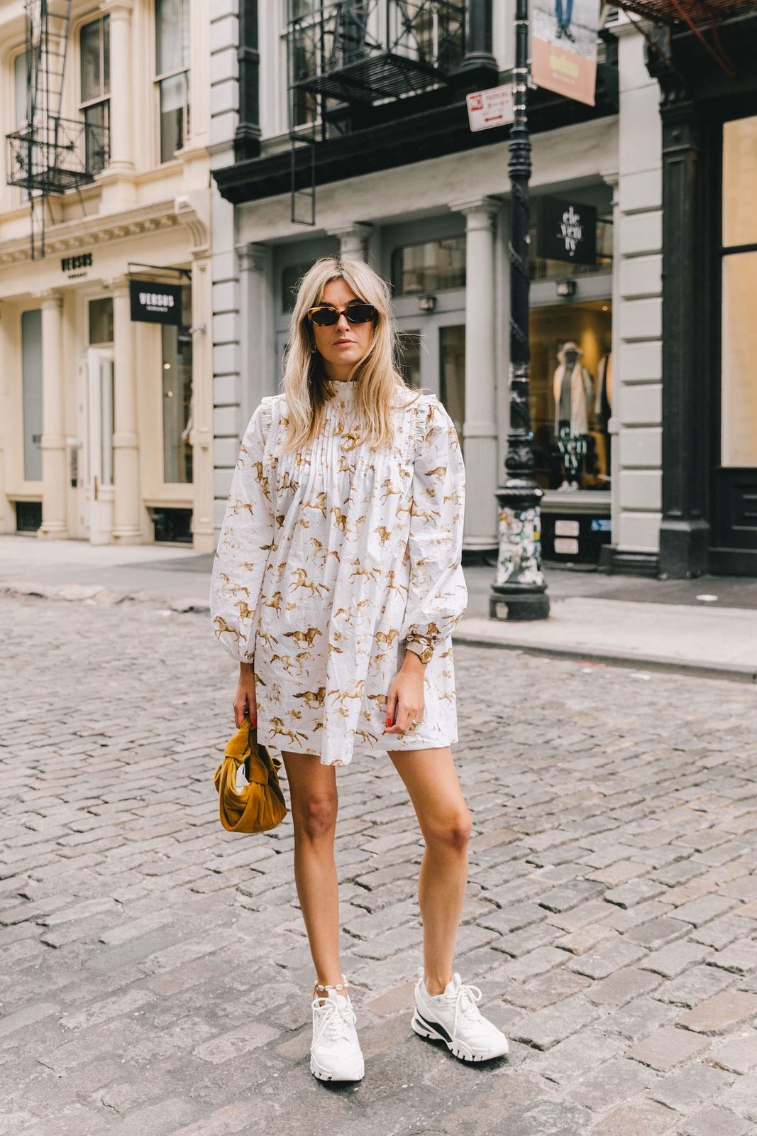 Printed Mini Dress and White Sneakers with Yellow Handbag Printed Mini Dress and White Sneakers with Yellow Handbag — White Sneakers Outfits 2027