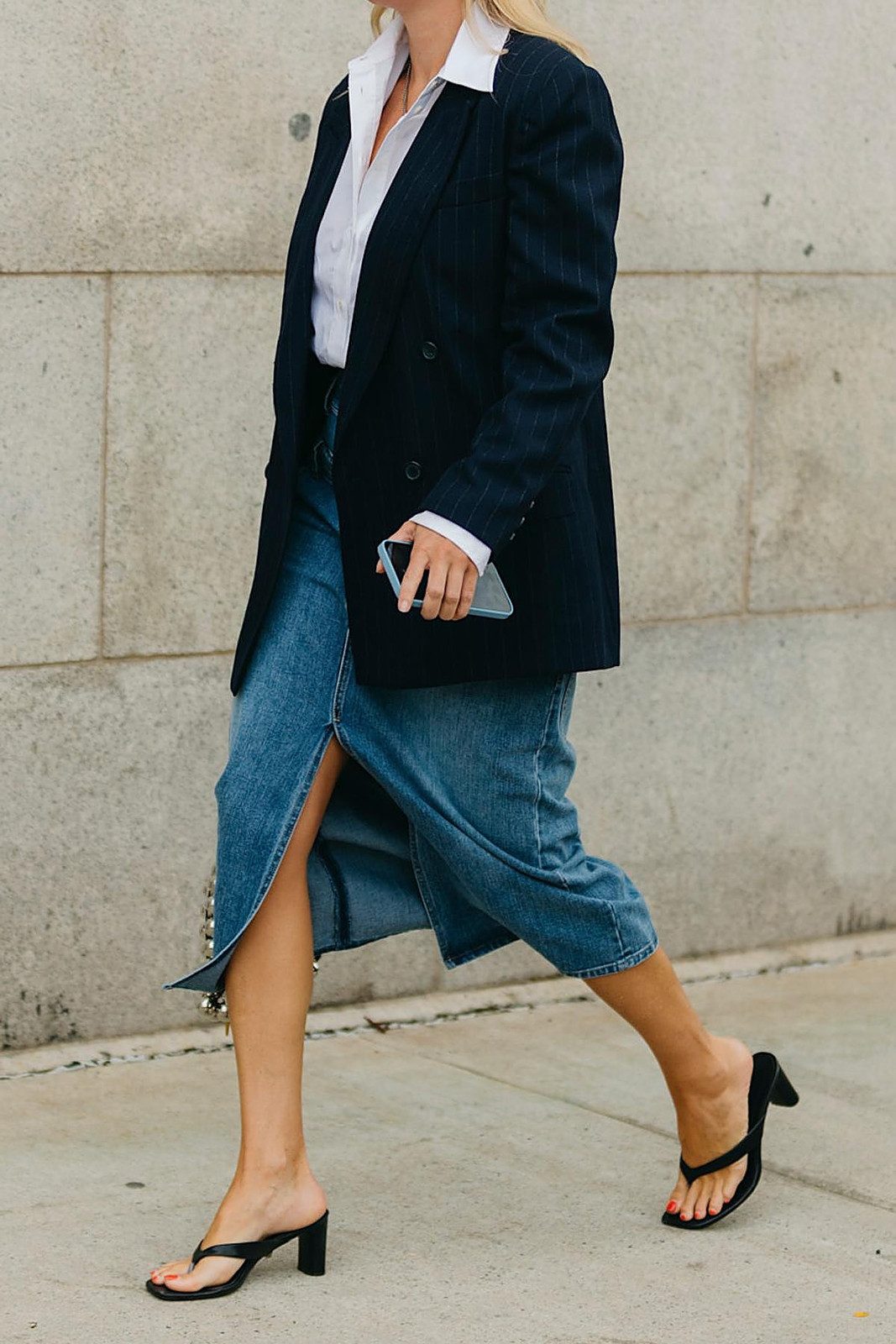 Denim Midi Skirt with Pinstripe Blazer and Black Heeled Thongs Denim Midi Skirt with Pinstripe Blazer and Black Heeled Thongs — Summer Outfits 2027 with Sandals