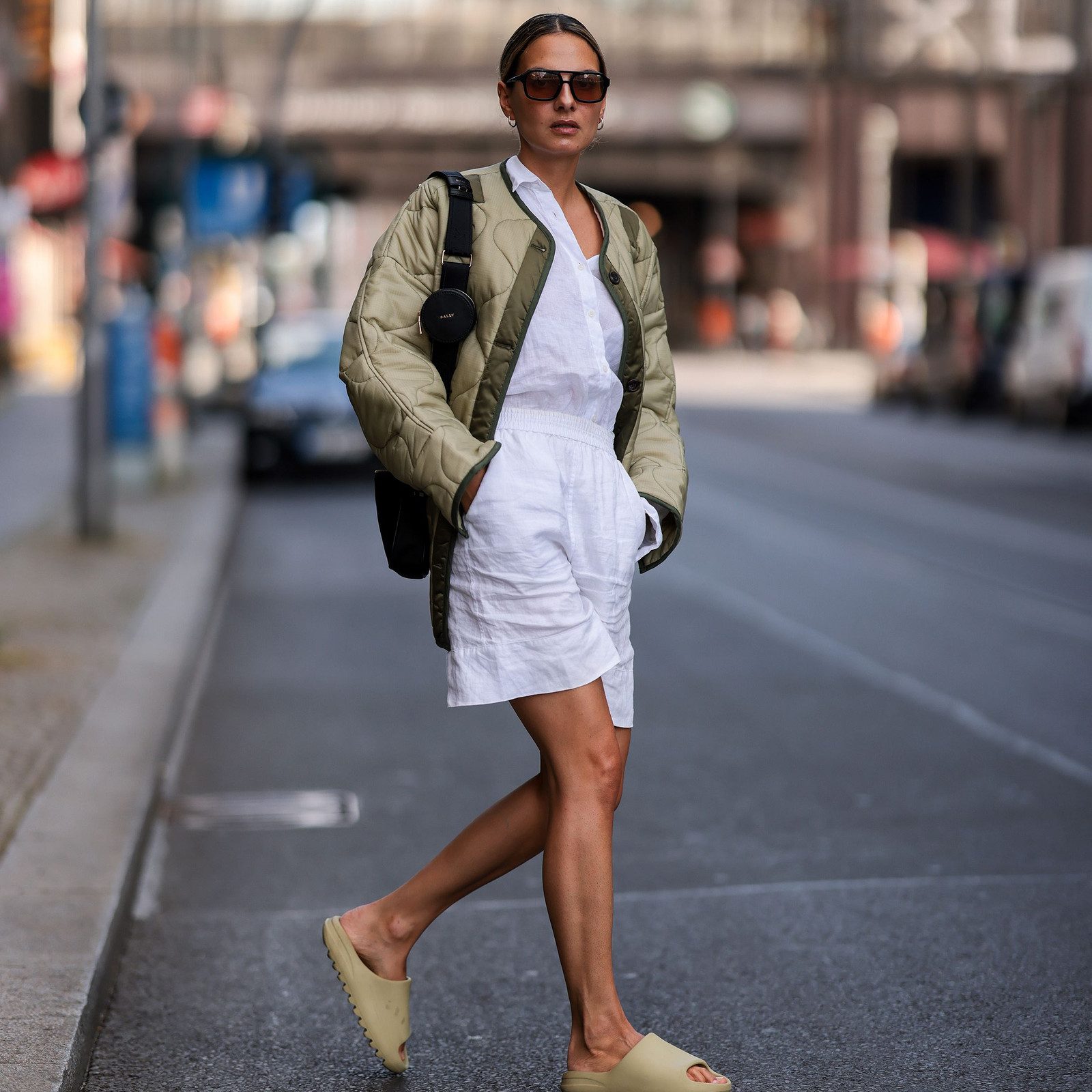 White Linen Shorts with Quilted Jacket and Slide Sandals White Linen Shorts with Quilted Jacket and Slide Sandals — Linen Shorts Outfits 2027