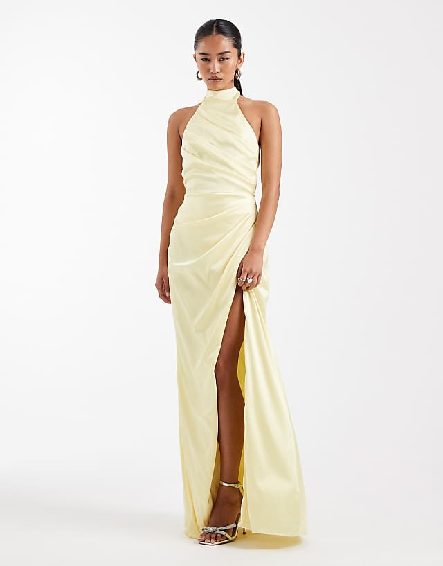 Pale Yellow Halter Neck Satin Gown with Draped Bodice and High Slit — Satin Bridesmaid Dresses 2027