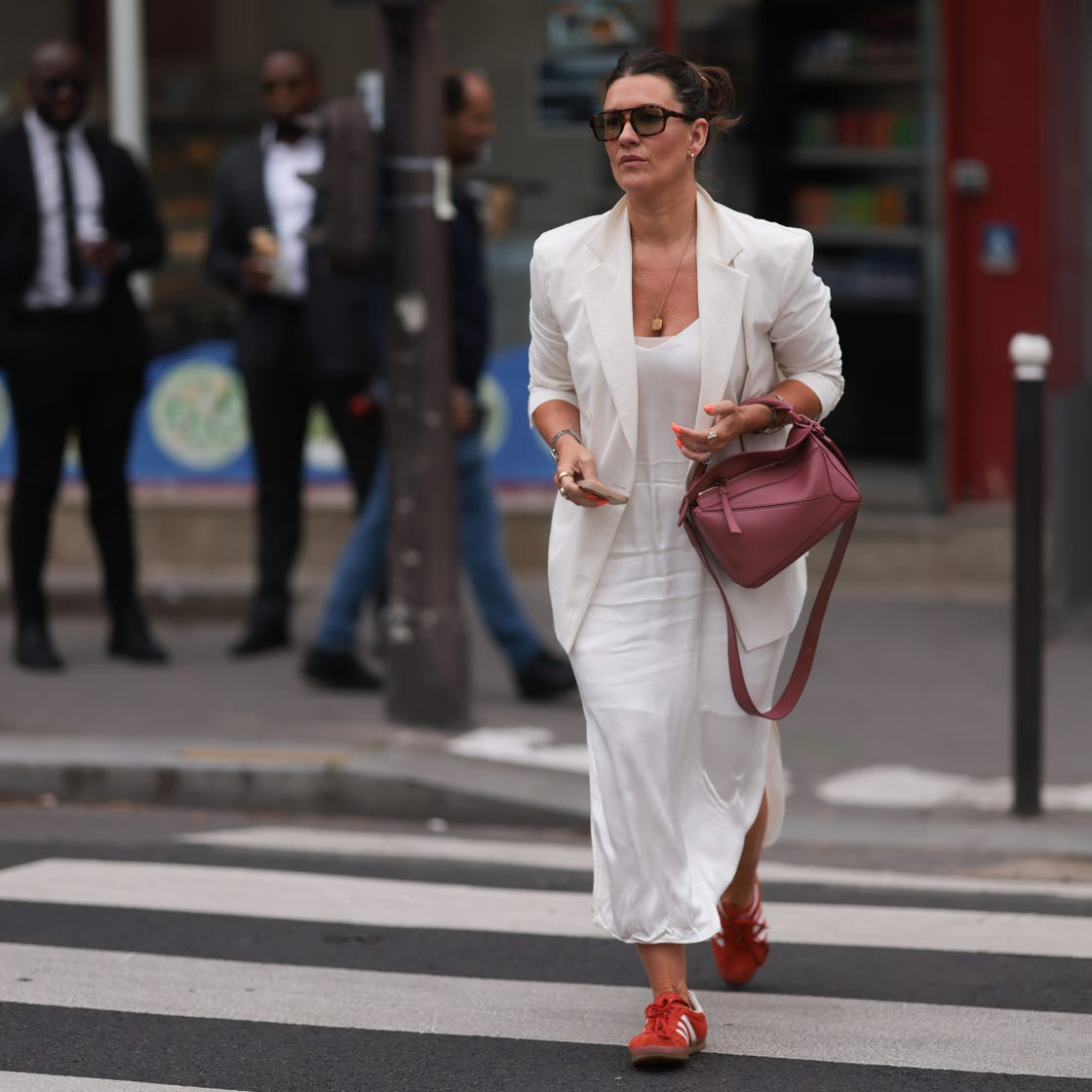 Satin Midi Dress with Blazer and Bright Orange Sneakers Satin Midi Dress with Blazer and Bright Orange Sneakers — Spring Outfits 2027 with Sneakers