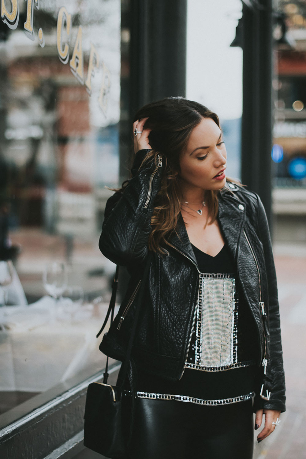 Leather Jacket Over Sequined Top and Skirt Leather Jacket Over Sequined Top and Skirt — New Years Eve Outfits 2027