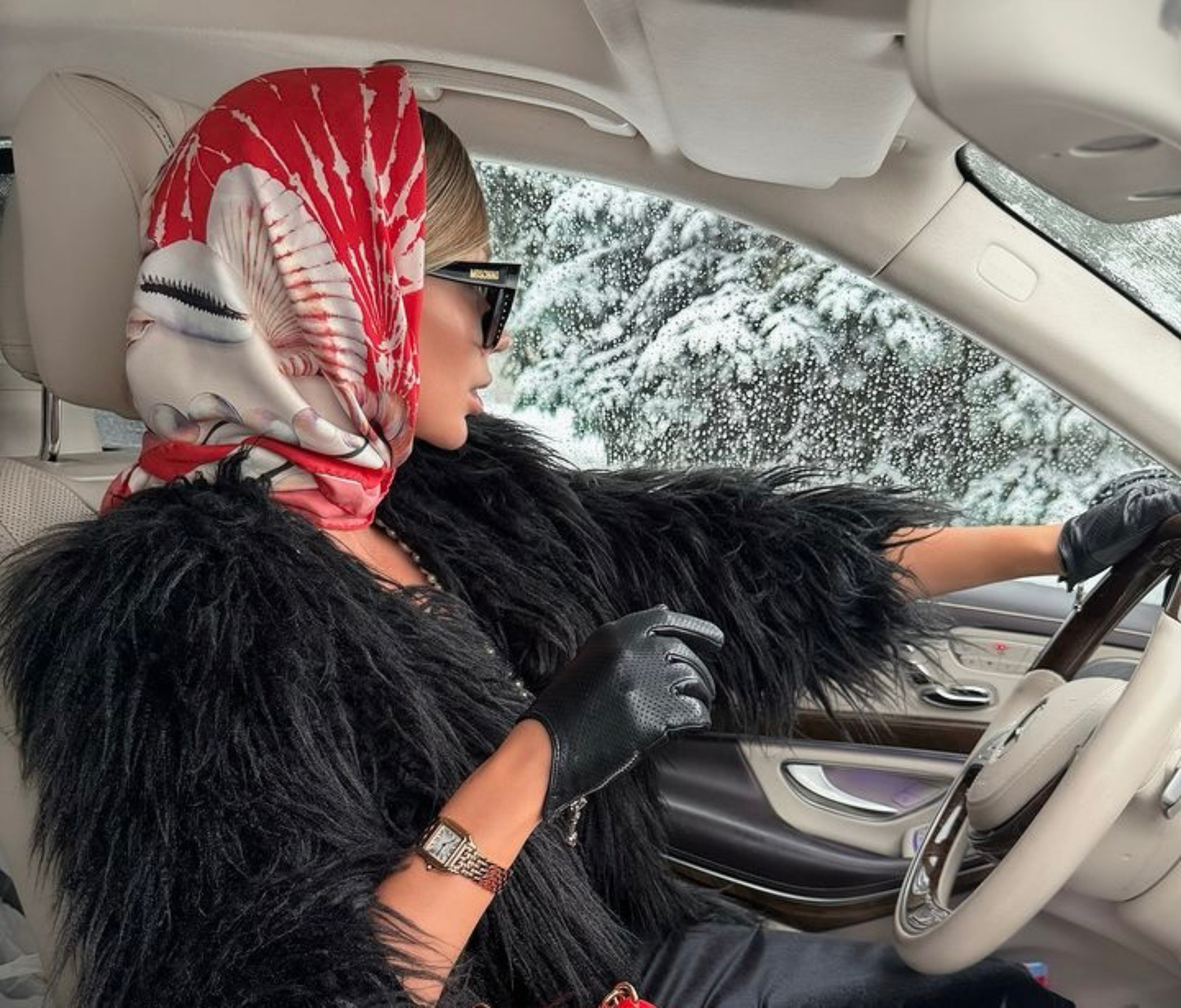 Driving Glamour: Black Fur Coat and Silk Headscarf Mob Wife Outfits 2027