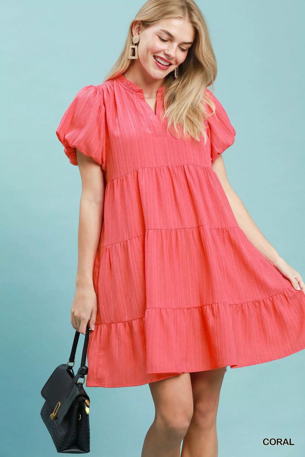 Coral Babydoll Tiered Dress with Puff Sleeves and Textured Fabric Coral Babydoll Tiered Dress with Puff Sleeves and Textured Fabric — Tiered Dresses 2027