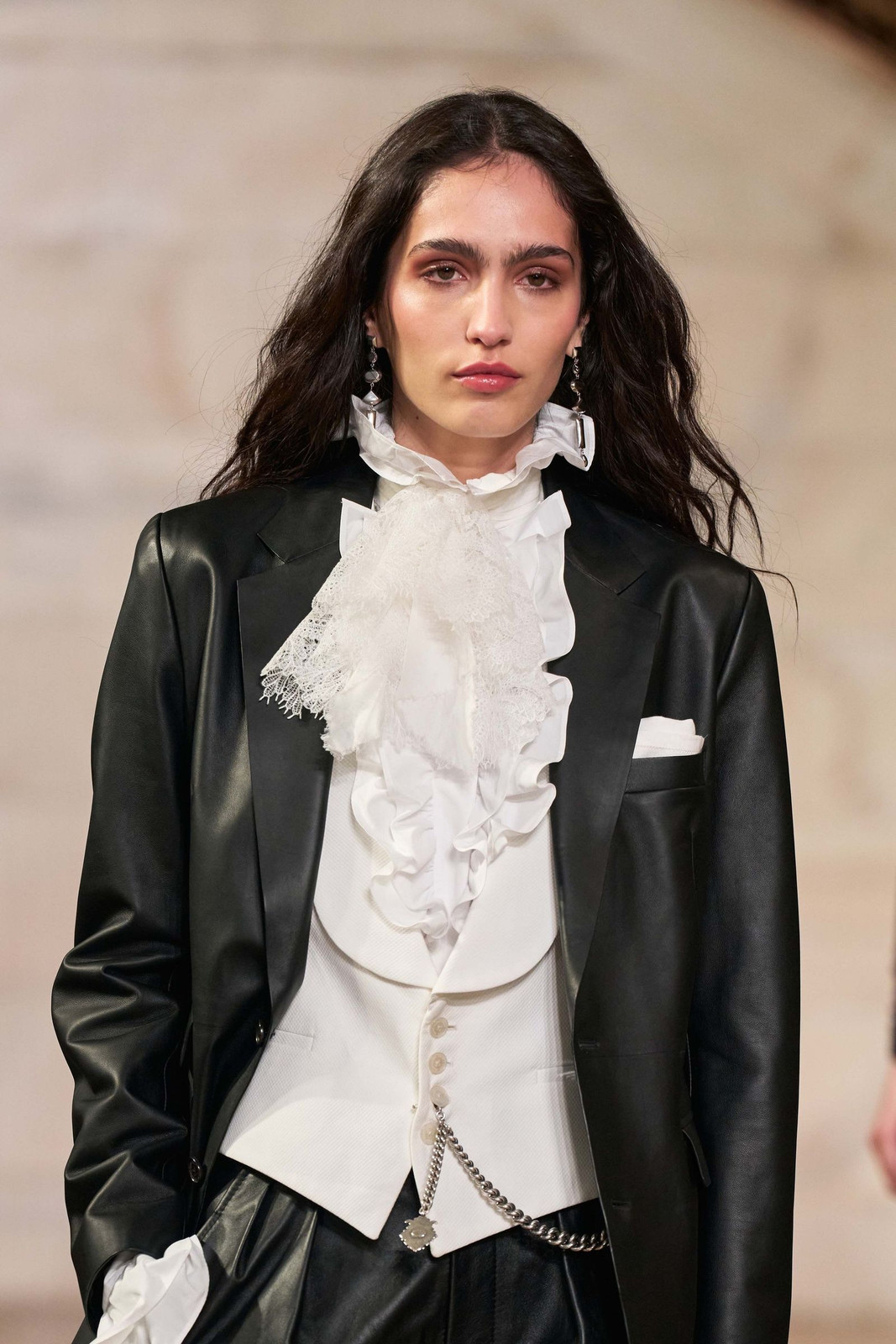 Edgy Suiting: Leather Blazer and Ruffled Blouse Edgy Suiting: Leather Blazer and Ruffled Blouse — Rockstar Girlfriend Outfits 2027