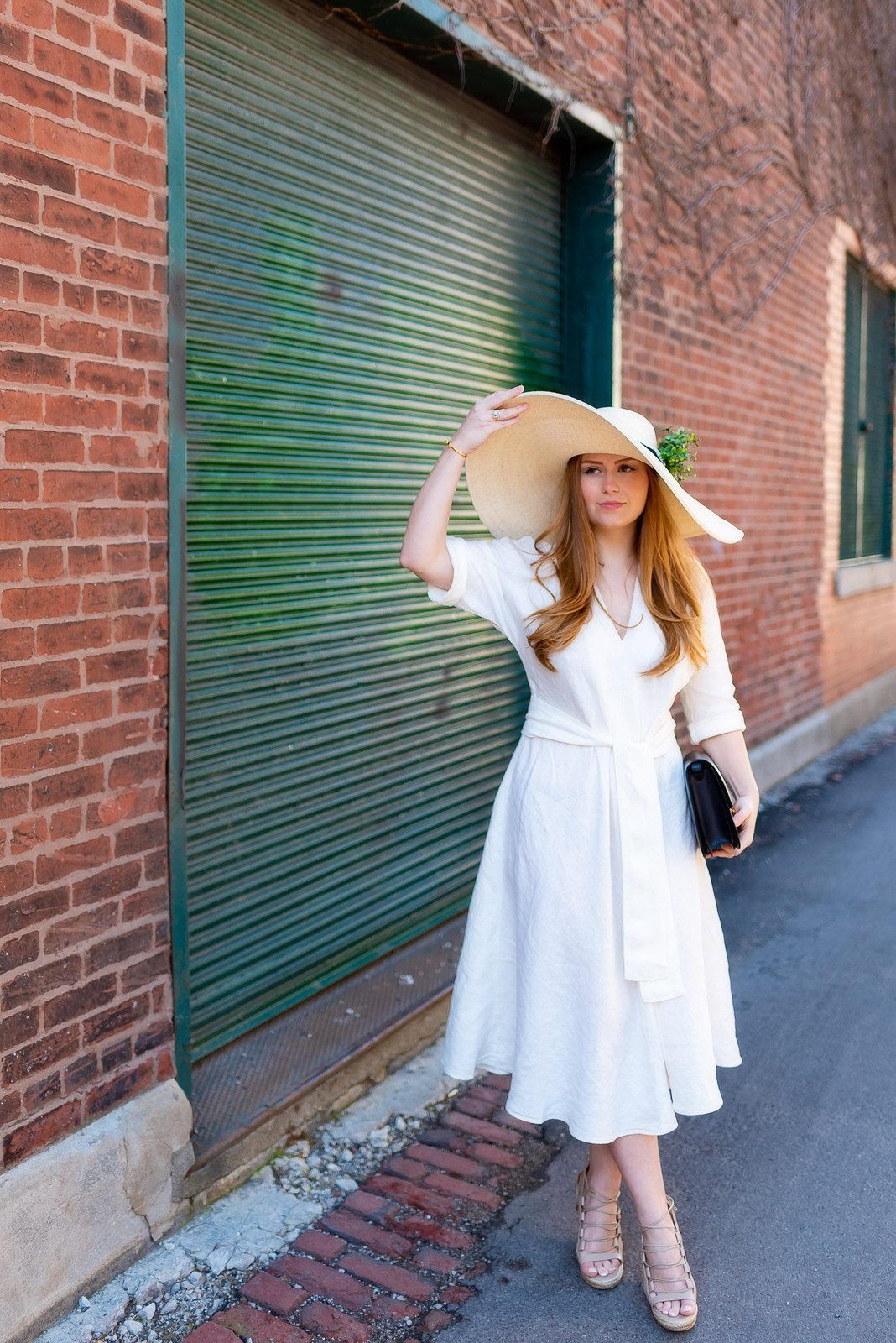 White Wrap Dress with Oversized Straw Hat and Green Accent White Wrap Dress with Oversized Straw Hat and Green Accent — Derby Outfits 2027