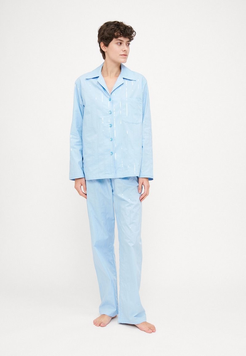 Sky Blue Pajama Set with Sequin Detail for Loungewear Sky Blue Pajama Set with Sequin Detail for Loungewear — Sky Blue Outfits 2027