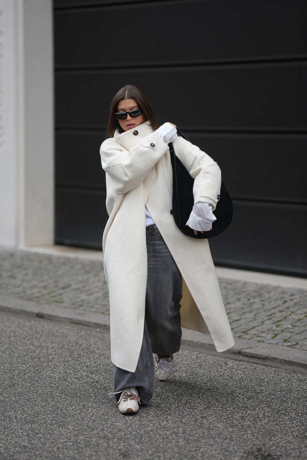 Oversized Off-White Coat Over Grey Jeans and White Collared Shirt Oversized Off-White Coat Over Grey Jeans and White Collared Shirt — Winter Neutral Outfits 2027