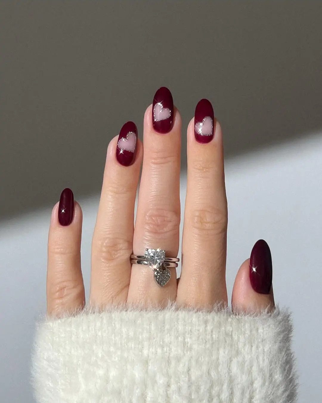 Deep Red with Subtle Heart Accents Oval Deep Red with Subtle Heart Accents Oval — Heart Nails 2027