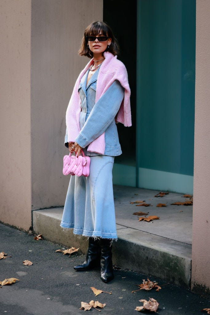 Denim Corset Top and Skirt with a Pink Knit Layer Denim Corset Top and Skirt with a Pink Knit Layer — Australia Outfits 2027