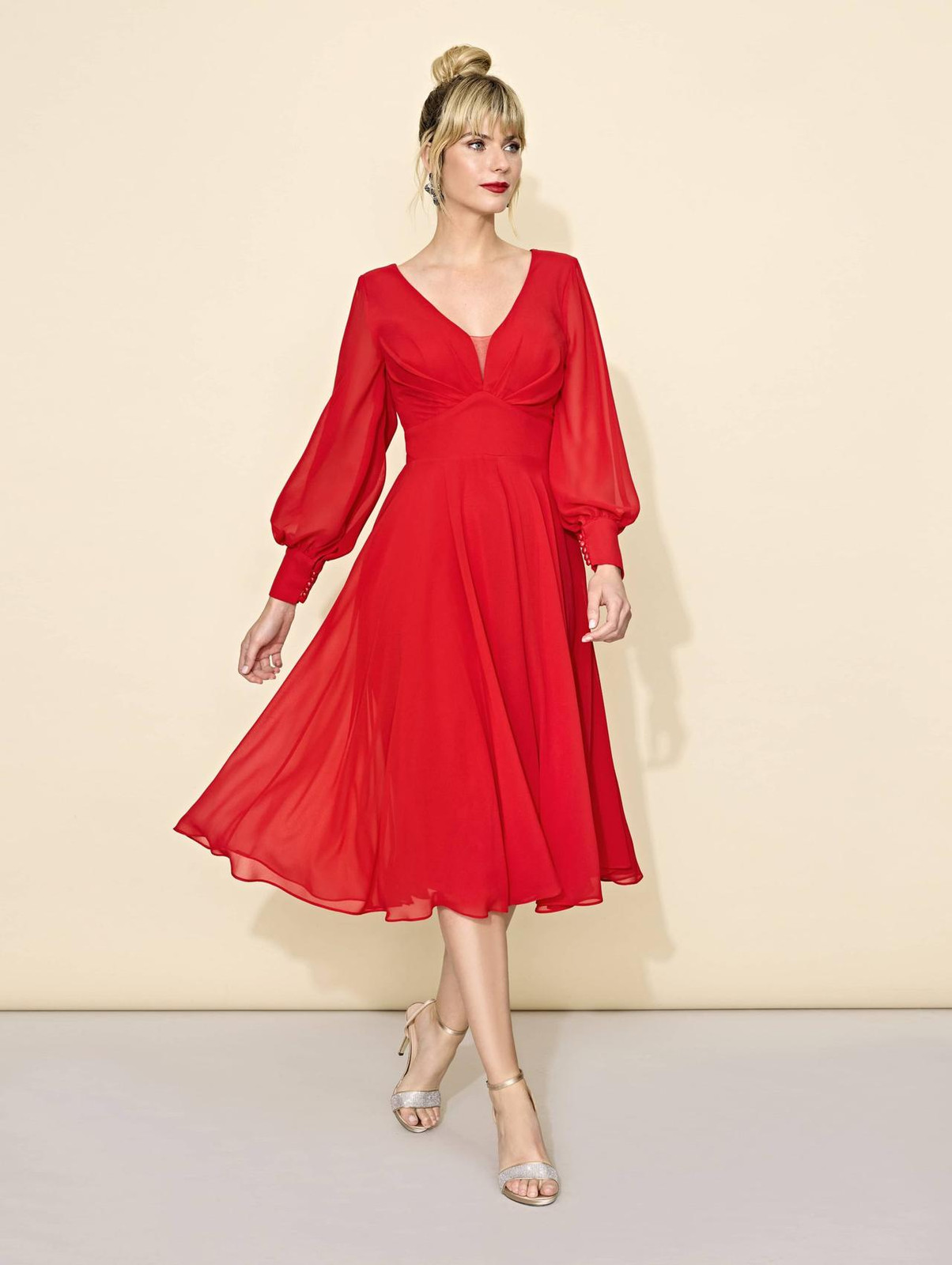 Vibrant Red Midi Dress with Dramatic Sheer Balloon Sleeves — Cocktail Party Outfits 2027