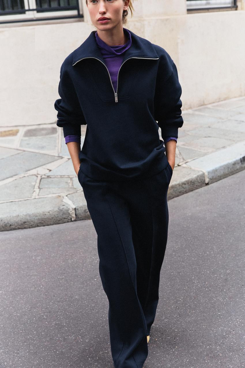 Eclectic Casual: Navy Wide-Leg Trousers with Purple Turtleneck and Quarter-Zip Eclectic Casual: Navy Wide-Leg Trousers with Purple Turtleneck and Quarter-Zip — Navy Blue Wide Leg Pants Outfits 2027