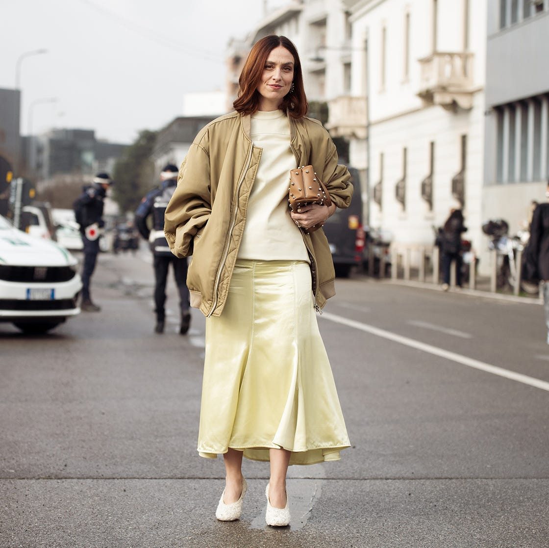 Street Style Sophistication: Bomber Jacket, Sweater, and Satin Skirt Street Style Sophistication: Bomber Jacket, Sweater, and Satin Skirt — Scene Outfits 2027
