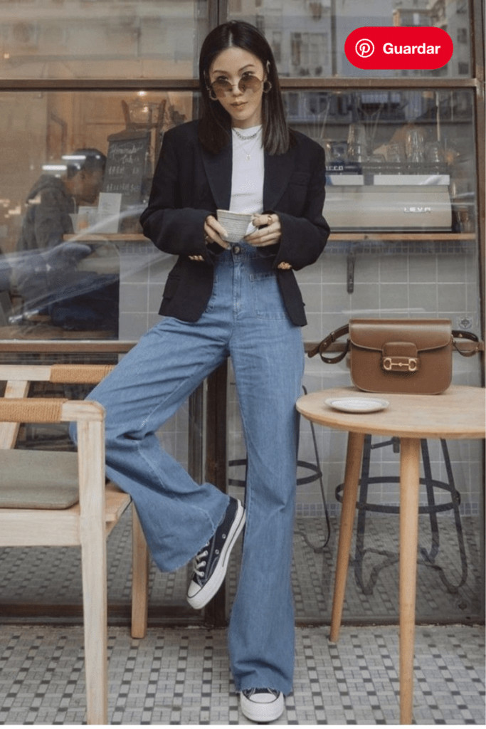 Wide-Leg Denim Jeans with Black Blazer and Sneakers Wide-Leg Denim Jeans with Black Blazer and Sneakers — Skinny Flare Pants Outfits 2027